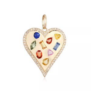 14K Gelbgold Anhänger Designer Herz Multi Sapphire Edelstein Anhänger Wunderschöner Herz Moissanite Anhänger Massivgold Herz Charm Anhänger