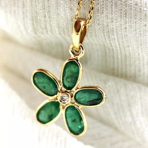 Emerald Gemstone Pendant, 14k Solid Gold Pendant, Handmade Floral Jewelry, & Solid Charms Diamond Pendant, Designer Gold Charm Pendant