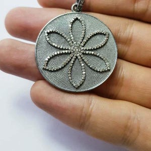 Pave Diamond Pendant, 925 Silver Designer Pendant, Flower Design Diamond Pendant, Silver Charm Disk Pendant, Handmade Charm Pendant, Jewelry