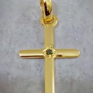 Solid Gold Cross Pendant, Black Diamond Tiny Cross Pendant, 14k Gold Charm, Minimalist Cross Pendant,  Gold Pendant, Designer Cross Charm,