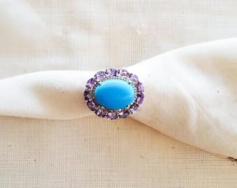 Turquoise & Amethyst Ring, Pave Diamond, 925 Sterling Silver