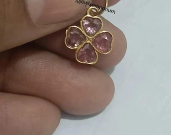 14k Gold Pink Sapphire Clover Pendant Delicate Flower Charm duty/tariff free