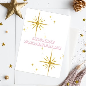 Tarjeta navideña digital rosa con estrellas, tarjetas navideñas imprimibles, tarjetas de felicitación, tarjetas festivas, descarga digital