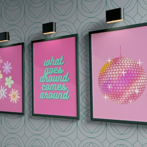 Downloadable Pink Wall Art A4 Set of 3 Digital Prints, Retro Prints, 70s Design Prints, Disco, Slogan Wall Art, Wall Art Quote