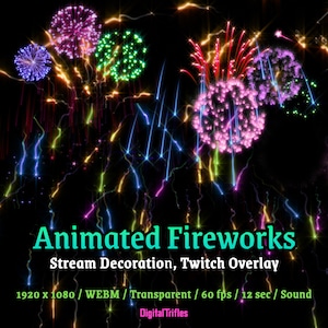 Può includere: Spettacolo di fuochi d'artificio animati con esplosioni colorate e scie scintillanti su uno sfondo nero. Il testo "Animated Fireworks" è visualizzato nella parte inferiore dell'immagine, insieme al testo "Stream Decoration, Twitch Overlay".
