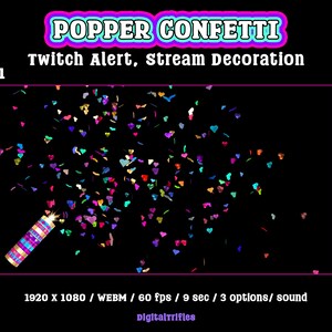 Heart confetti cannon, animated Twitch alert for streamers and VTubers, 3 designs. Suitable for stream celebration moments such as raids, milestones, donations, or special stream events. WEBM format with a transparent background and sound