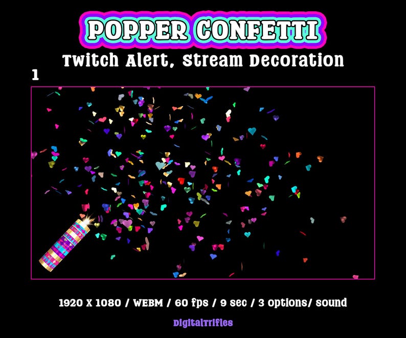 Heart confetti cannon, animated Twitch alert for streamers and VTubers, 3 designs. Suitable for stream celebration moments such as raids, milestones, donations, or special stream events. WEBM format with a transparent background and sound