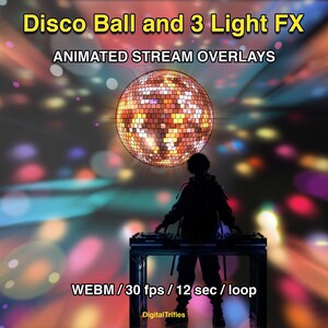 Animated stage light overlay package for streamers and VTubers. This pack brings dynamic light beams and effects, creating a vivid and professional stage look. And also a cool animated disco ball with golden glitter. These seamless, smoothly looping visuals with transparent backgrounds can be used as overlays or backgrounds in your stream setup