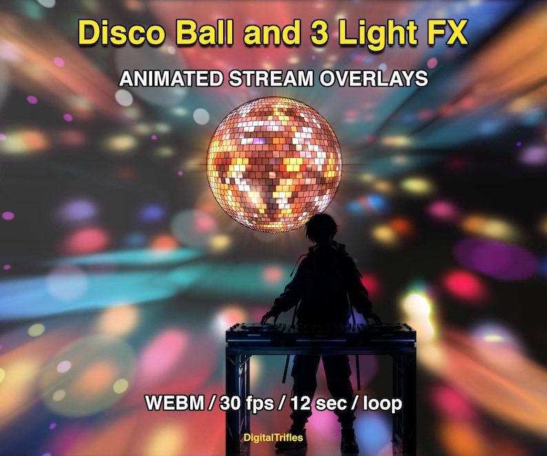 Animated stage light overlay package for streamers and VTubers. This pack brings dynamic light beams and effects, creating a vivid and professional stage look. And also a cool animated disco ball with golden glitter. These seamless, smoothly looping visuals with transparent backgrounds can be used as overlays or backgrounds in your stream setup