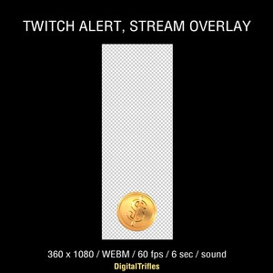 Animated gold coin Twitch alert, stream overlay with sound and transparent background. These stream asset can be used to thank your community for their support, tips, new donation, gifted subs or charity