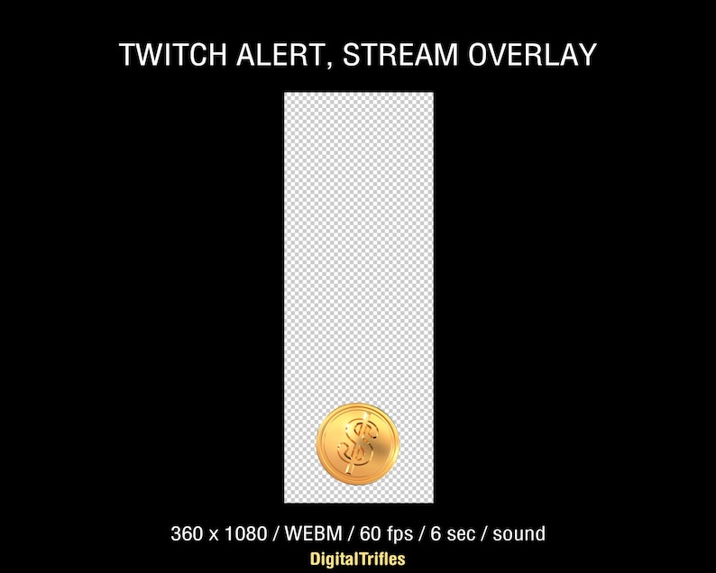 Animated gold coin Twitch alert, stream overlay with sound and transparent background. These stream asset can be used to thank your community for their support, tips, new donation, gifted subs or charity