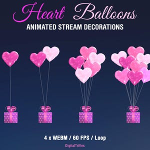 Animated Twitch overlay with pink heart balloons - 4 options - one, two, five and many balloons. Cute stream decoration with a transparent background. Suitable for gaming, live streaming, and just chatting for streamers and VTubers. Bright pink heart-shaped balloons work perfectly as stream decoration for Valentine’s Day, channel anniversaries, birthdays, friendship parties, or weddings