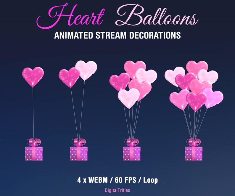 Animated Twitch overlay with pink heart balloons - 4 options - one, two, five and many balloons. Cute stream decoration with a transparent background. Suitable for gaming, live streaming, and just chatting for streamers and VTubers. Bright pink heart-shaped balloons work perfectly as stream decoration for Valentine’s Day, channel anniversaries, birthdays, friendship parties, or weddings