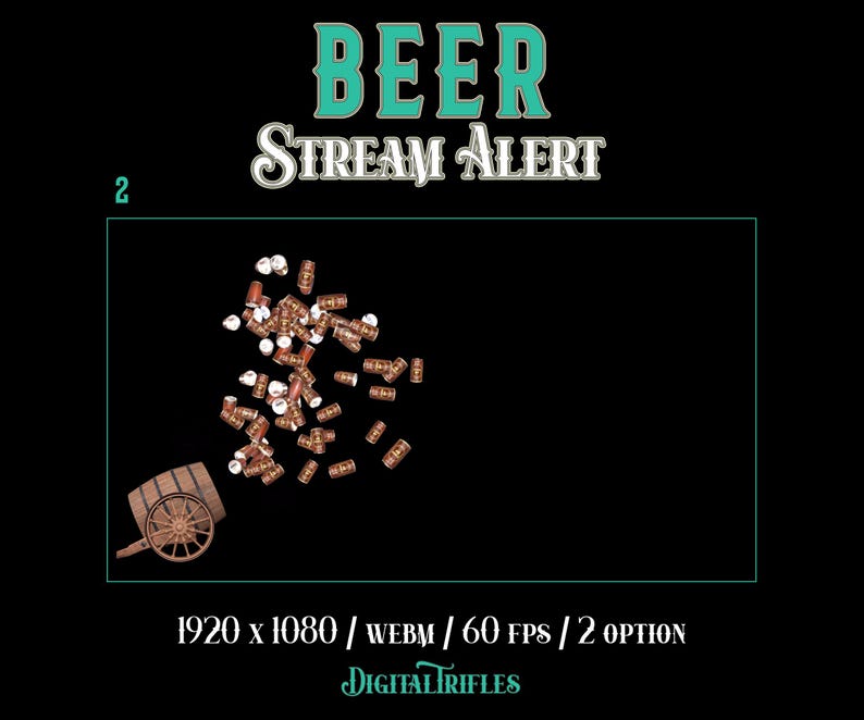 Animated stream alerts with flying beer cans and a barrel cannon launcher. Full-screen Twitch overlay with transparent background