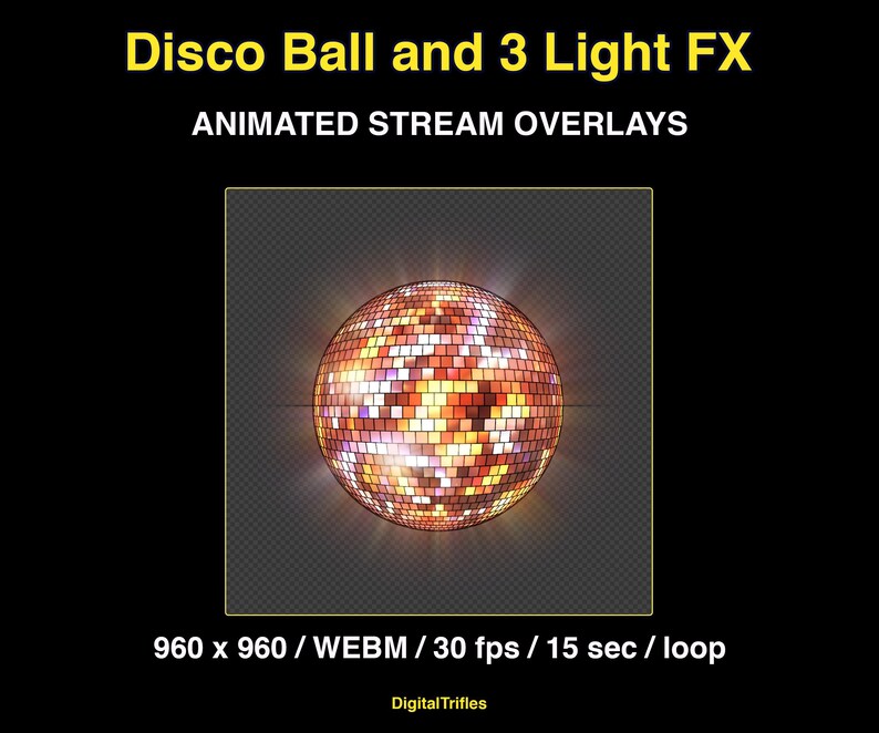 Animated stage light overlay package for streamers and VTubers. This pack brings dynamic light beams and effects, creating a vivid and professional stage look. And also a cool animated disco ball with golden glitter. These seamless, smoothly looping visuals with transparent backgrounds can be used as overlays or backgrounds in your stream setup