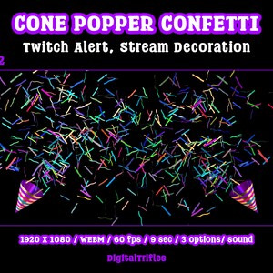 Animated confetti cannon stream alert for streamers and VTubers — WEBM with transparent background and sound, 3 layout options