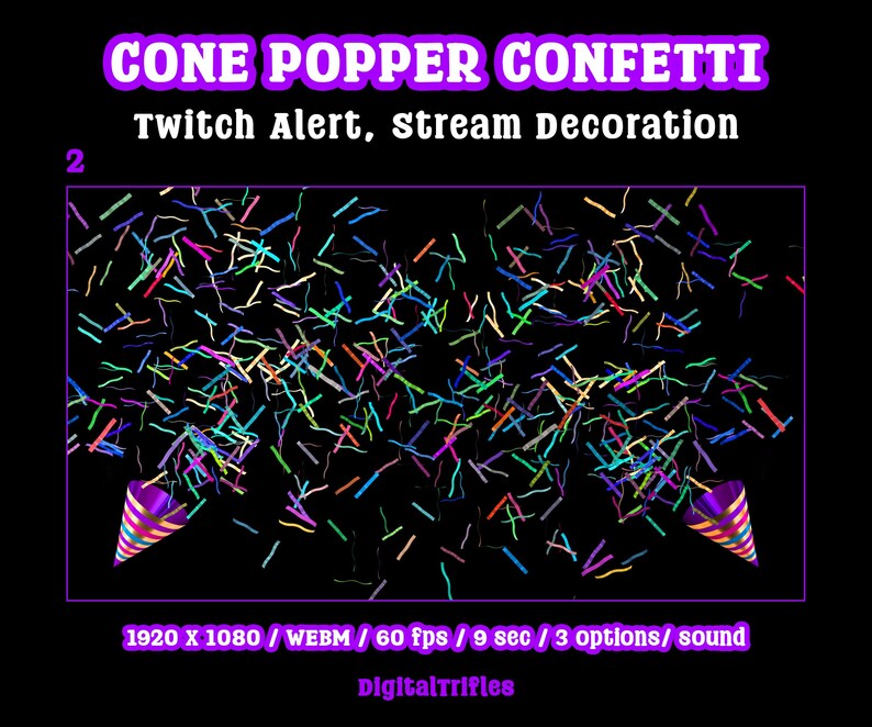 Animated confetti cannon stream alert for streamers and VTubers — WEBM with transparent background and sound, 3 layout options