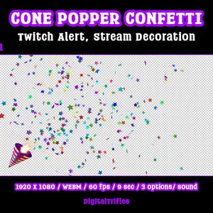 Animated star confetti cannon stream alert for streamers and VTubers — WEBM with transparent background and sound, 3 layout options