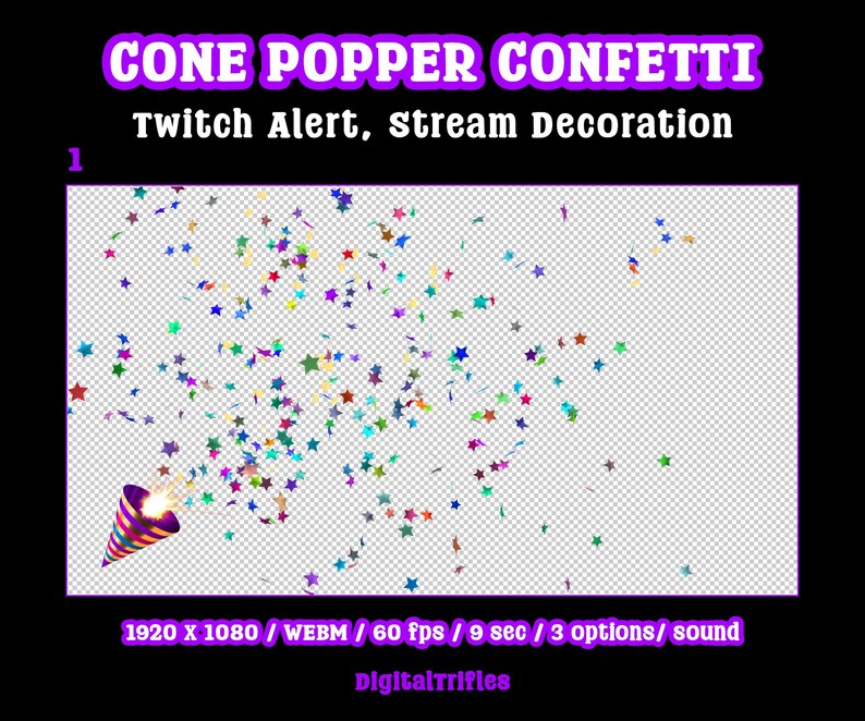Animated star confetti cannon stream alert for streamers and VTubers — WEBM with transparent background and sound, 3 layout options