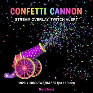 Puede incluir: Ilustración digital de un cañón de confeti morado disparando confeti en forma de estrella sobre un fondo negro. El cañón tiene detalles en rosa y verde y el texto "CONFETTI CANNON" y "STREAM OVERLAY, TWITCH ALERT".