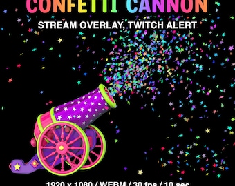 May include: A digital illustration of a purple confetti cannon shooting star-shaped confetti on a black background. The cannon has pink and green accents and the text "CONFETTI CANNON" and "STREAM OVERLAY, TWITCH ALERT".