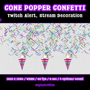 Animated confetti cannon stream alert for streamers and VTubers — WEBM with transparent background and sound, 3 layout options