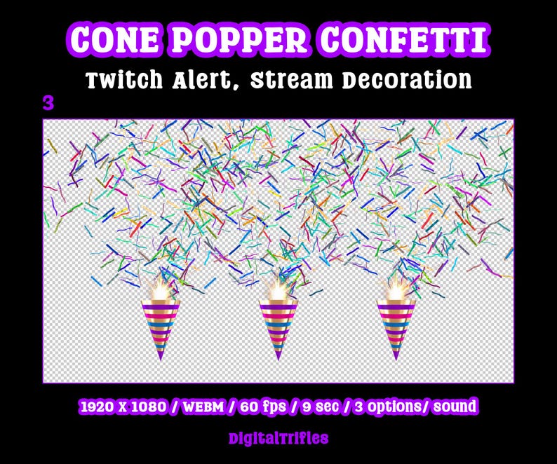 Animated confetti cannon stream alert for streamers and VTubers — WEBM with transparent background and sound, 3 layout options