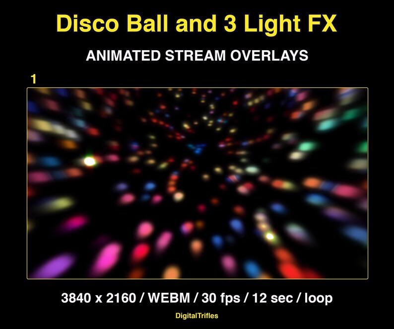 Animated stage light overlay package for streamers and VTubers. This pack brings dynamic light beams and effects, creating a vivid and professional stage look. And also a cool animated disco ball with golden glitter. These seamless, smoothly looping visuals with transparent backgrounds can be used as overlays or backgrounds in your stream setup