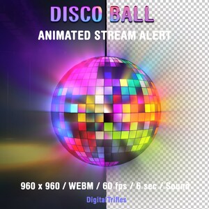 Disco ball Twitch alert for Streamers and Vtubers, colorful stream decoration, retro aesthetic, 70s 80s 90s theme, music party, dj, birthday, just a holiday or fun. Animated stream overlay with transparent background and sound