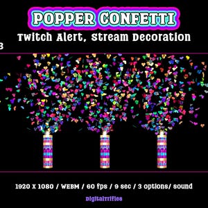 Heart confetti cannon, animated Twitch alert for streamers and VTubers, 3 designs. Suitable for stream celebration moments such as raids, milestones, donations, or special stream events. WEBM format with a transparent background and sound