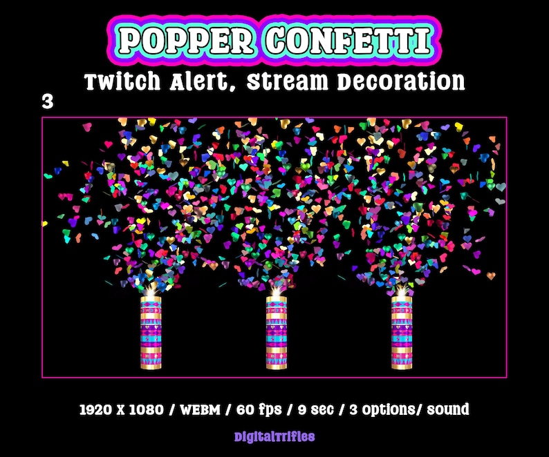 Heart confetti cannon, animated Twitch alert for streamers and VTubers, 3 designs. Suitable for stream celebration moments such as raids, milestones, donations, or special stream events. WEBM format with a transparent background and sound