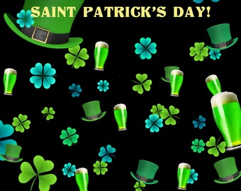 May include: A black background with green shamrocks, green beer mugs, and green leprechaun hats. The text "HAPPY SAINT PATRICK'S DAY!" is in yellow. The text "1920 x 1080 / 60 FPS / WEBM / Transparecy / 2 options x 7 sec" is in white. The text "DigitalTrifles" is in white.