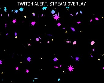 May include: Animated GIF of colorful confetti stars falling on a black background. The text "COLORFUL CONFETTI" and "TWITCH ALERT, STREAM OVERLAY" is at the top of the image. The text "1920 x 1080 / WEBM / 60 fps / transparency / 2 options" and "Digital Trifles" is at the bottom of the image.
