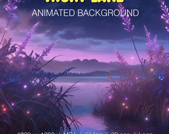 Puede incluir: Fondo animado que presenta una escena nocturna con un lago, hierba alta y luciérnagas brillantes. El texto "NIGHT LAKE ANIMATED BACKGROUND" está en la parte superior de la imagen. El texto "1920 x 1080 / MP4 / 60 fps / 09 sec / Loop" está en la parte inferior de la imagen. El texto "Digital Trifles" está en la parte inferior central de la imagen.