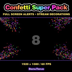 3D multicolor confetti Twitch alerts and fullscreen stream overlays. A high-value pack offering a wide range of confetti animations in one set. A fun and lively overlay for streamers and VTubers to celebrate stream activity, events, and goals, new followers, subs, donations, raids, and more.
This set includes 10 variations with different directions and behaviors — top, bottom, center, and corner bursts, single and multi-shot effects, plus a smooth loop