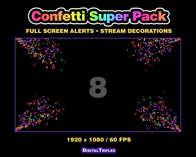 3D multicolor confetti Twitch alerts and fullscreen stream overlays. A high-value pack offering a wide range of confetti animations in one set. A fun and lively overlay for streamers and VTubers to celebrate stream activity, events, and goals, new followers, subs, donations, raids, and more.
This set includes 10 variations with different directions and behaviors — top, bottom, center, and corner bursts, single and multi-shot effects, plus a smooth loop
