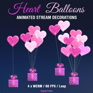 Animated Twitch overlay with pink heart balloons - 4 options - one, two, five and many balloons. Cute stream decoration with a transparent background. Suitable for gaming, live streaming, and just chatting for streamers and VTubers. Bright pink heart-shaped balloons work perfectly as stream decoration for Valentine’s Day, channel anniversaries, birthdays, friendship parties, or weddings