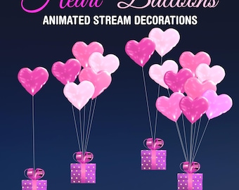 May include: Heart Balloons ANIMATED STREAM DECORATIONS. Four sets of pink and light pink heart-shaped balloons attached to purple gift boxes with gold star patterns. Text includes 4 x WEBM / 60 FPS / Loop and DigitalTrifles.