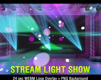 May include: A digital graphic featuring the text MULTIPLE EFFECTS IN ONE FILE, STREAM LIGHT SHOW, and 24 sec WEBM Loop Overlay + PNG Background. The image displays a stage with blue spotlights, purple bokeh circles, and a dark screen.