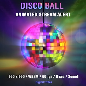 Disco ball Twitch alert for Streamers and Vtubers, colorful stream decoration, retro aesthetic, 70s 80s 90s theme, music party, dj, birthday, just a holiday or fun. Animated stream overlay with transparent background and sound