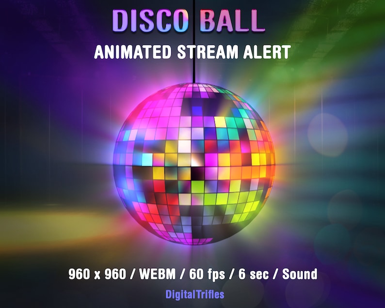 Disco ball Twitch alert for Streamers and Vtubers, colorful stream decoration, retro aesthetic, 70s 80s 90s theme, music party, dj, birthday, just a holiday or fun. Animated stream overlay with transparent background and sound