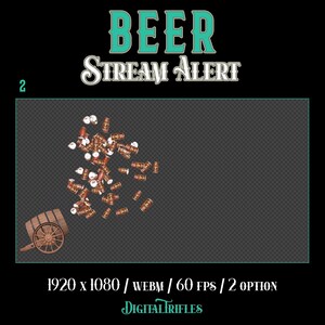 Animated stream alerts with flying beer cans and a barrel cannon launcher. Full-screen Twitch overlay with transparent background