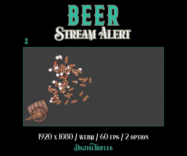 Animated stream alerts with flying beer cans and a barrel cannon launcher. Full-screen Twitch overlay with transparent background