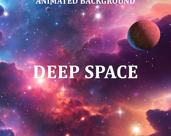 May include: Animated background of a deep space nebula with a red planet and stars. The text "ANIMATED BACKGROUND" and "DEEP SPACE" is displayed in white. The text "1920 X 1080 / MP4 / 60 FPS / 12 SEC / LOOP" and "DIGITALTRIFLES" is displayed in white.