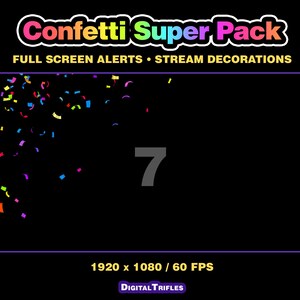 3D multicolor confetti Twitch alerts and fullscreen stream overlays. A high-value pack offering a wide range of confetti animations in one set. A fun and lively overlay for streamers and VTubers to celebrate stream activity, events, and goals, new followers, subs, donations, raids, and more.
This set includes 10 variations with different directions and behaviors — top, bottom, center, and corner bursts, single and multi-shot effects, plus a smooth loop