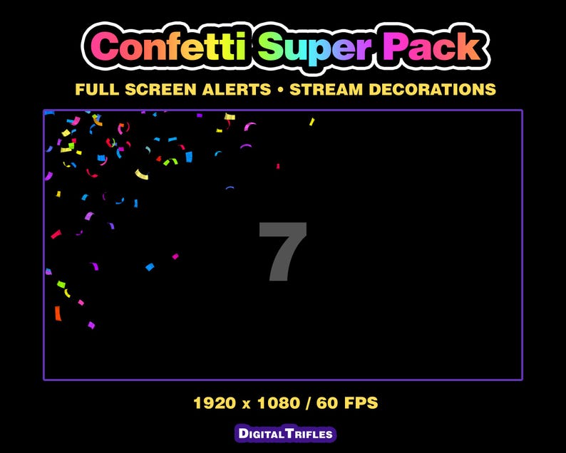3D multicolor confetti Twitch alerts and fullscreen stream overlays. A high-value pack offering a wide range of confetti animations in one set. A fun and lively overlay for streamers and VTubers to celebrate stream activity, events, and goals, new followers, subs, donations, raids, and more.
This set includes 10 variations with different directions and behaviors — top, bottom, center, and corner bursts, single and multi-shot effects, plus a smooth loop