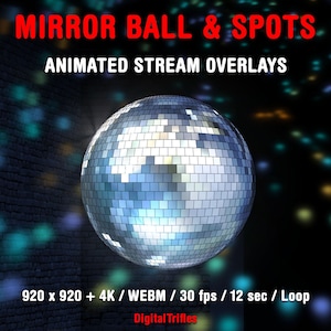 May include: A digital graphic featuring a disco ball with a mirrored surface, set against a dark background with colorful bokeh effects. The text "MIRROR BALL & SPOTS" and "ANIMATED STREAM OVERLAYS" are displayed in red and white. Additional text includes resolution and frame rate details.