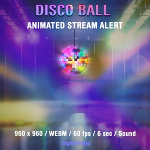 Disco ball Twitch alert for Streamers and Vtubers, colorful stream decoration, retro aesthetic, 70s 80s 90s theme, music party, dj, birthday, just a holiday or fun. Animated stream overlay with transparent background and sound