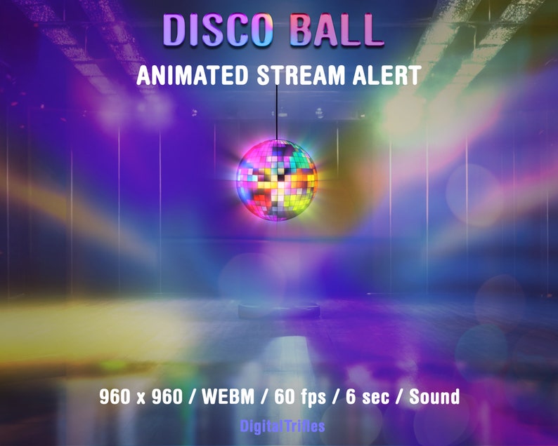 Disco ball Twitch alert for Streamers and Vtubers, colorful stream decoration, retro aesthetic, 70s 80s 90s theme, music party, dj, birthday, just a holiday or fun. Animated stream overlay with transparent background and sound