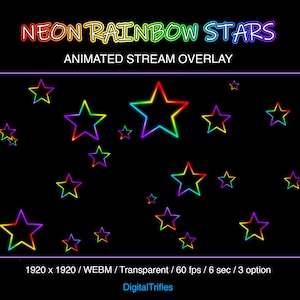 Neonregenboog Twitch-overlay, vallende geanimeerde sterren, streamdecoratie en waarschuwing op volledig scherm, voor streamers en VTubers